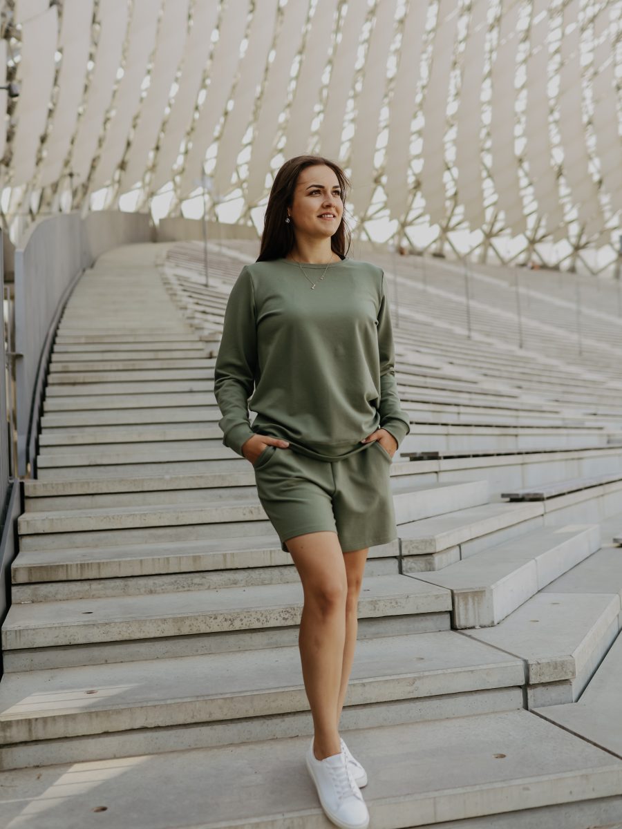 Olive green loungewear set with shorts and sweater for women