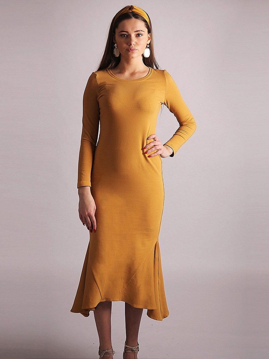 ESTRADA curry color casual Dress with bottom strips