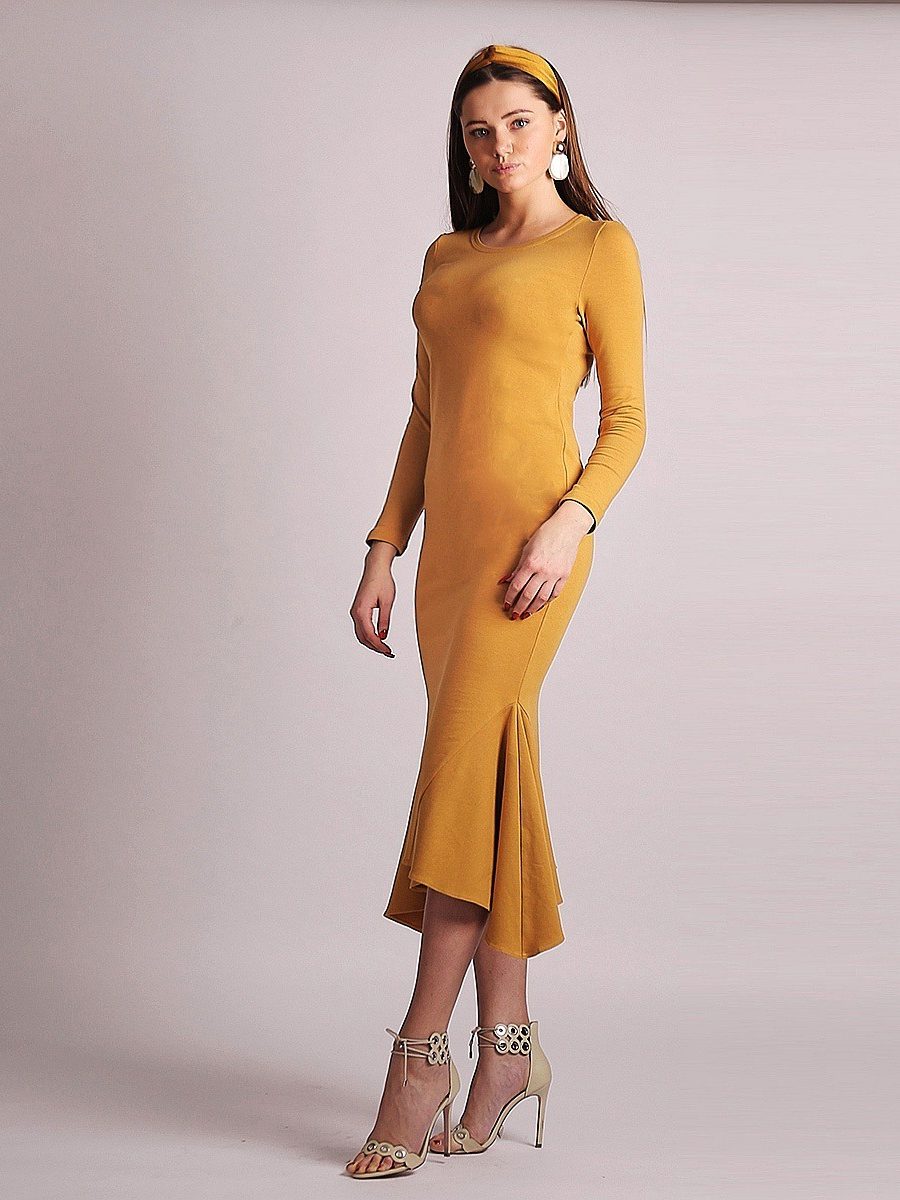 ESTRADA curry color casual Dress with bottom strips